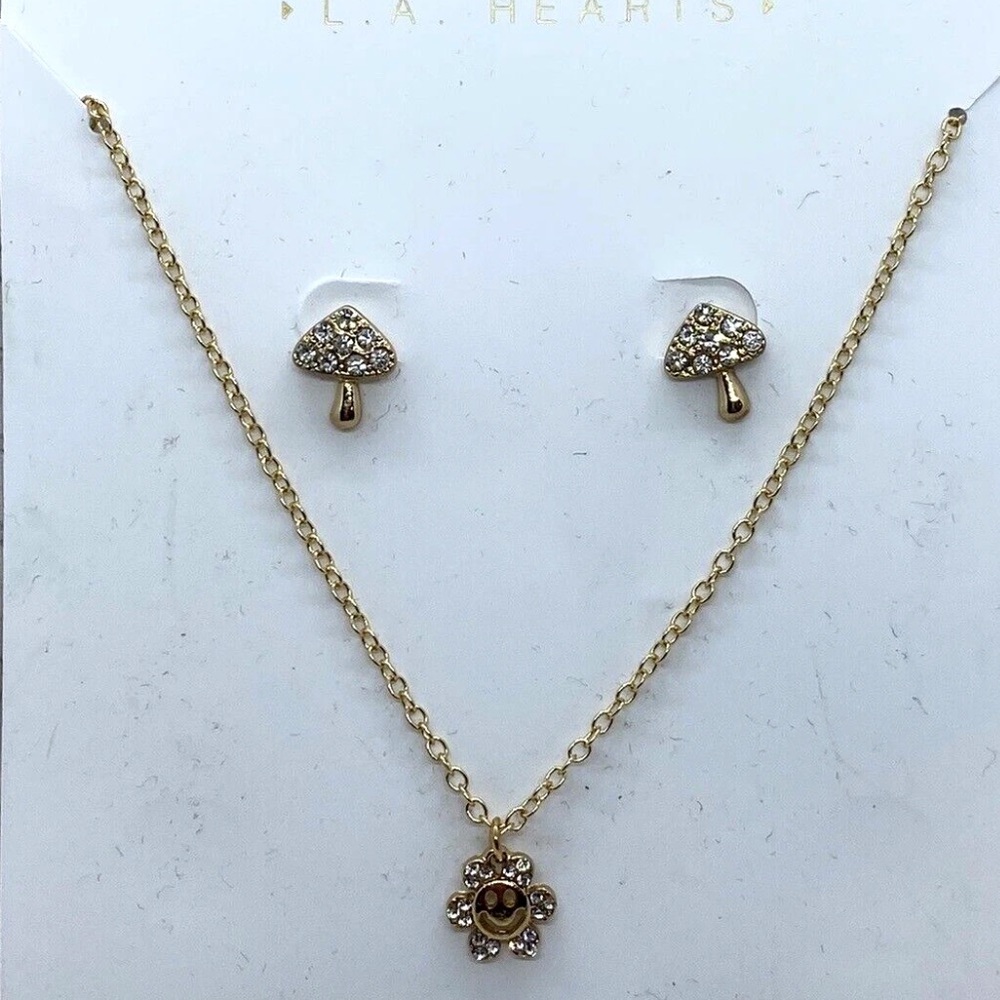 LA Hearts Smiley Mushroom Necklace & Earring Bundle, NWT